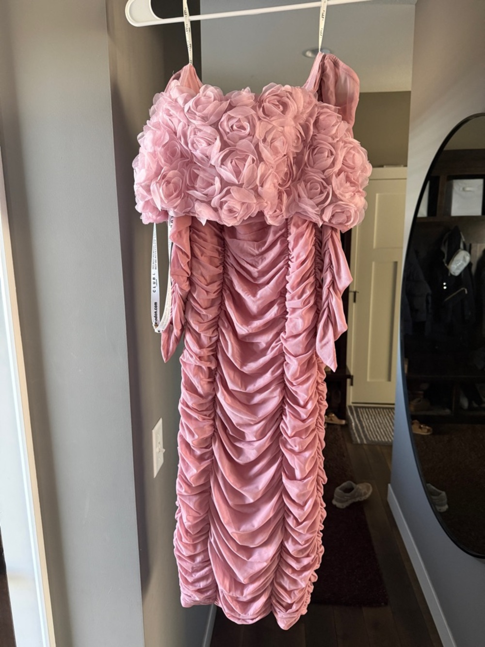 Club L London Pink Off-Shoulder Rosette Ruched Long Sleeve Dress - Picture 4 of 5